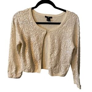 H&M Cream Sequin Cropped‎ Cardigan Sweater Hook Closure Women's Small